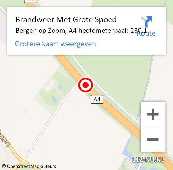 Locatie op kaart van de 112 melding: Brandweer Met Grote Spoed Naar Bergen op Zoom, A4 hectometerpaal: 230,1 op 23 februari 2022 01:40
