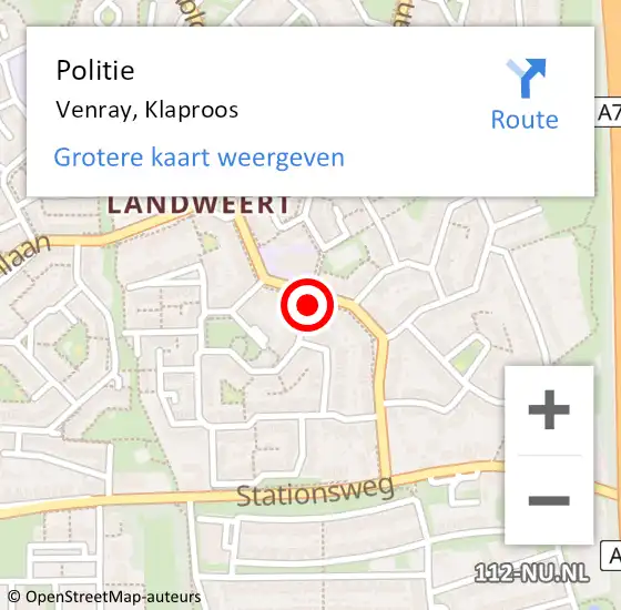 Locatie op kaart van de 112 melding: Politie Venray, Klaproos op 23 februari 2022 12:57