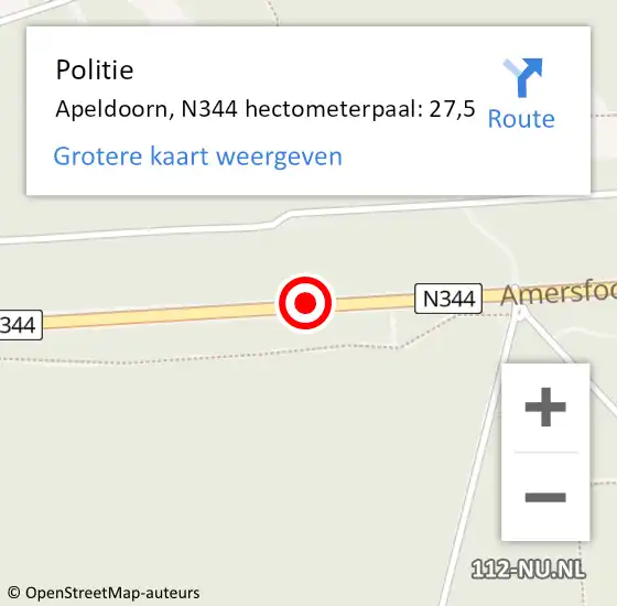 Locatie op kaart van de 112 melding: Politie Apeldoorn, N344 hectometerpaal: 27,5 op 23 februari 2022 13:27