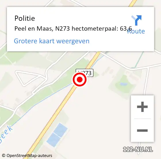 Locatie op kaart van de 112 melding: Politie Peel en Maas, N273 hectometerpaal: 63,6 op 23 februari 2022 22:46