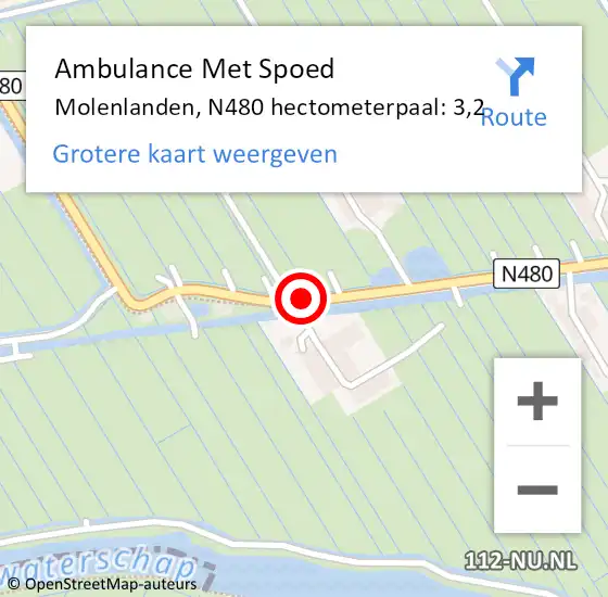 Locatie op kaart van de 112 melding: Ambulance Met Spoed Naar Molenlanden, N480 hectometerpaal: 3,2 op 24 februari 2022 08:17