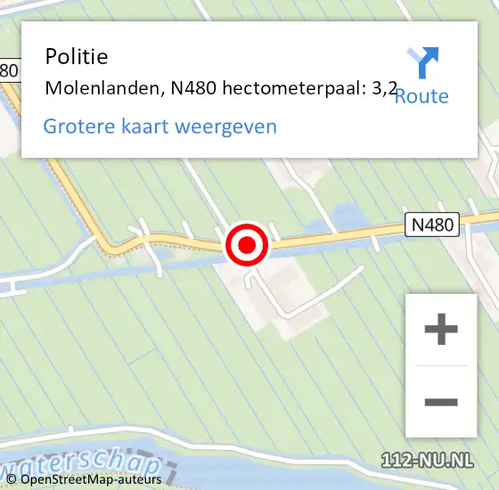 Locatie op kaart van de 112 melding: Politie Molenlanden, N480 hectometerpaal: 3,2 op 24 februari 2022 08:18