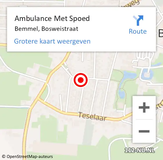 Locatie op kaart van de 112 melding: Ambulance Met Spoed Naar Bemmel, Bosweistraat op 24 februari 2022 13:24