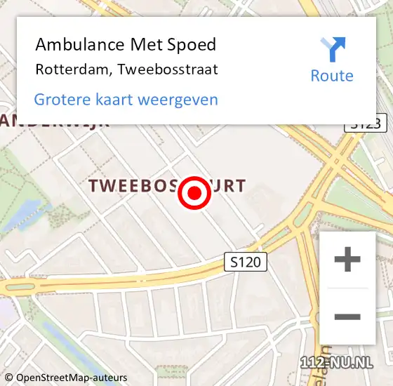 Locatie op kaart van de 112 melding: Ambulance Met Spoed Naar Rotterdam, Tweebosstraat op 24 februari 2022 13:32