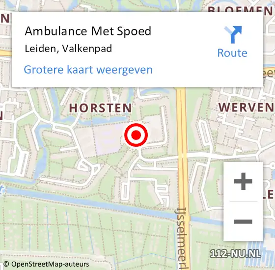 Locatie op kaart van de 112 melding: Ambulance Met Spoed Naar Leiden, Valkenpad op 24 februari 2022 16:23
