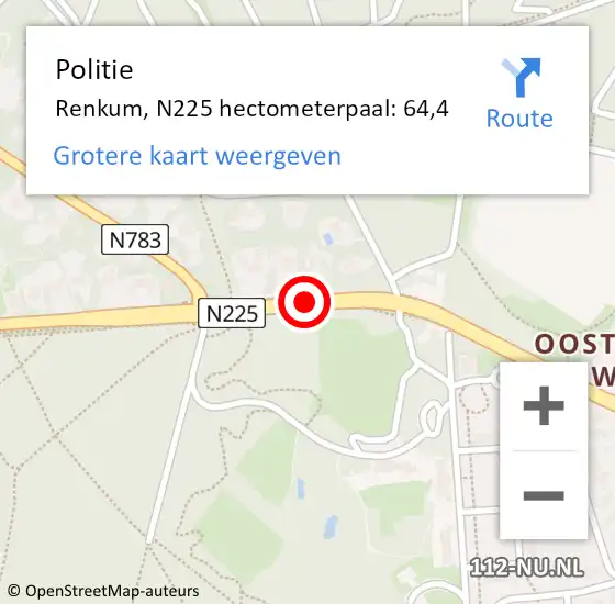 Locatie op kaart van de 112 melding: Politie Renkum, N225 hectometerpaal: 64,4 op 24 februari 2022 17:29