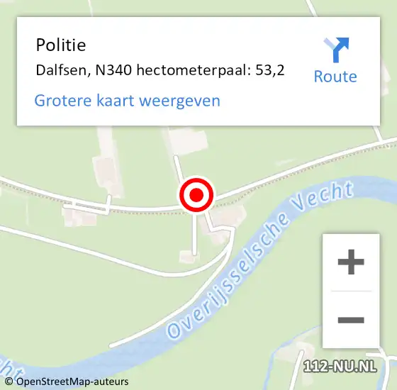 Locatie op kaart van de 112 melding: Politie Dalfsen, N340 hectometerpaal: 53,2 op 25 februari 2022 11:07
