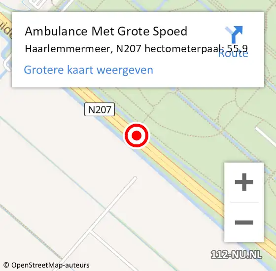 Locatie op kaart van de 112 melding: Ambulance Met Grote Spoed Naar Haarlemmermeer, N207 hectometerpaal: 55,9 op 26 februari 2022 17:12