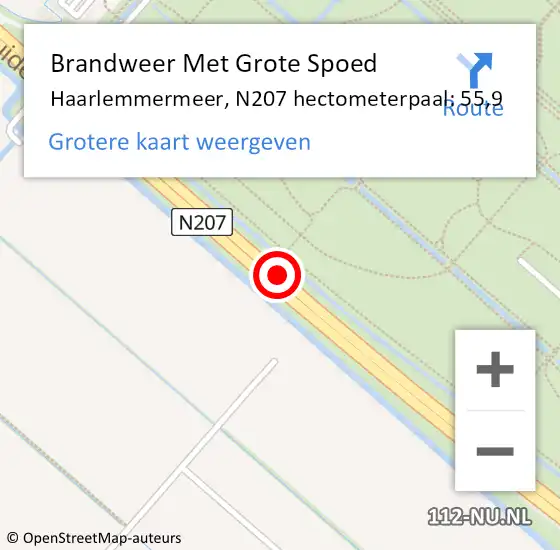 Locatie op kaart van de 112 melding: Brandweer Met Grote Spoed Naar Haarlemmermeer, N207 hectometerpaal: 55,9 op 26 februari 2022 17:18