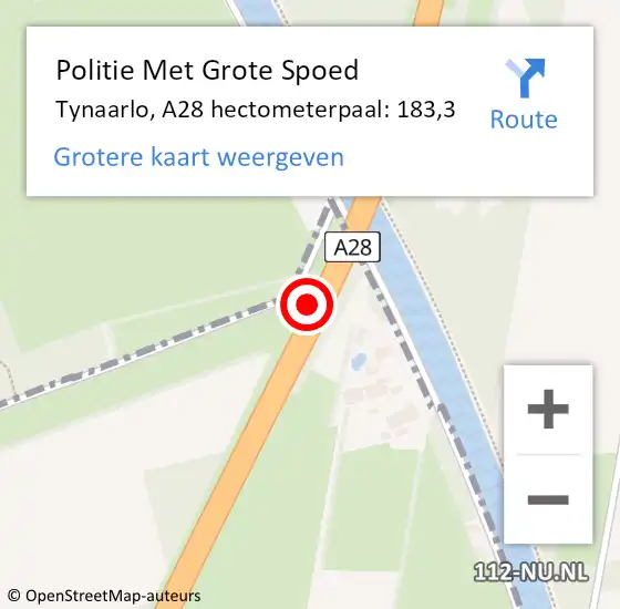 Locatie op kaart van de 112 melding: Politie Met Grote Spoed Naar Tynaarlo, A28 hectometerpaal: 183,3 op 26 februari 2022 22:26