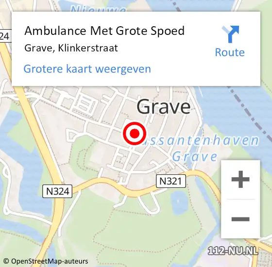 Locatie op kaart van de 112 melding: Ambulance Met Grote Spoed Naar Grave, Klinkerstraat op 26 februari 2022 22:55