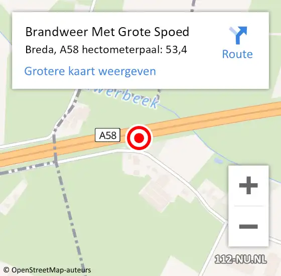 Locatie op kaart van de 112 melding: Brandweer Met Grote Spoed Naar Breda, A58 hectometerpaal: 53,4 op 27 februari 2022 02:06