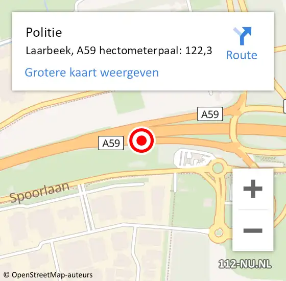 Locatie op kaart van de 112 melding: Politie Laarbeek, A59 hectometerpaal: 122,3 op 28 februari 2022 01:09