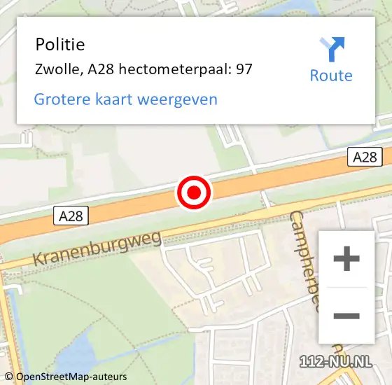 Locatie op kaart van de 112 melding: Politie Zwolle, A28 hectometerpaal: 97 op 28 februari 2022 08:04