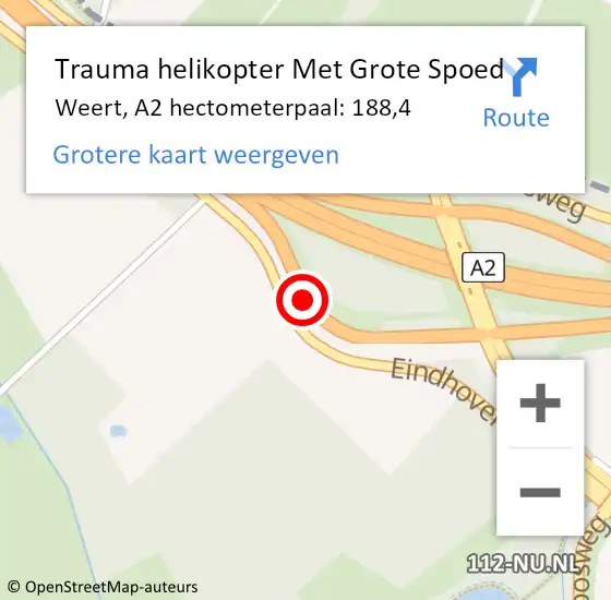 Locatie op kaart van de 112 melding: Trauma helikopter Met Grote Spoed Naar Weert, A2 hectometerpaal: 188,4 op 1 maart 2022 20:00
