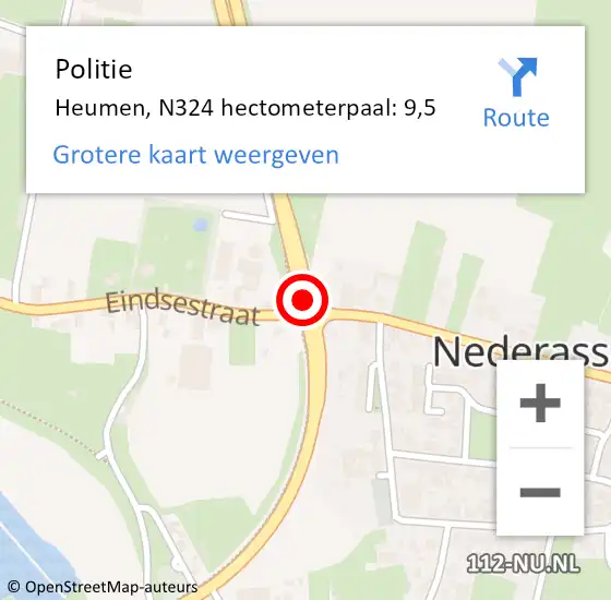 Locatie op kaart van de 112 melding: Politie Heumen, N324 hectometerpaal: 9,5 op 3 maart 2022 15:24