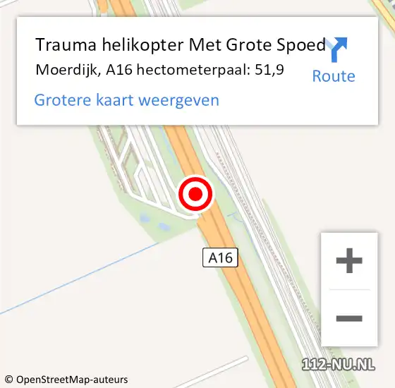 Locatie op kaart van de 112 melding: Trauma helikopter Met Grote Spoed Naar Moerdijk, A16 hectometerpaal: 51,9 op 3 maart 2022 23:11