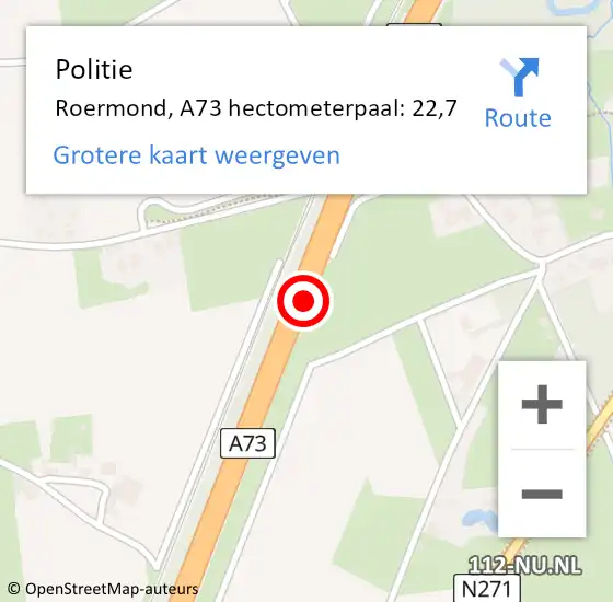 Locatie op kaart van de 112 melding: Politie Roermond, A73 hectometerpaal: 22,7 op 4 maart 2022 06:57
