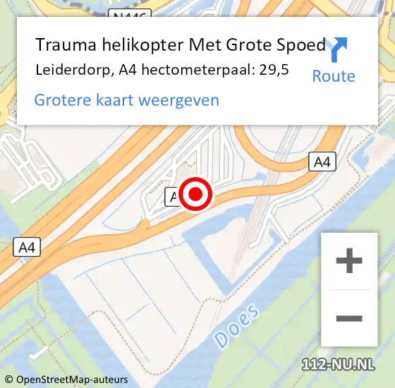 Locatie op kaart van de 112 melding: Trauma helikopter Met Grote Spoed Naar Leiderdorp, A4 hectometerpaal: 29,5 op 5 maart 2022 05:17