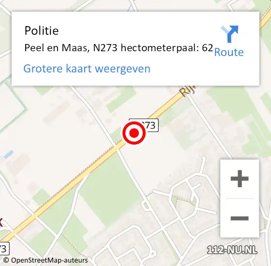 Locatie op kaart van de 112 melding: Politie Peel en Maas, N273 hectometerpaal: 62 op 5 maart 2022 13:49