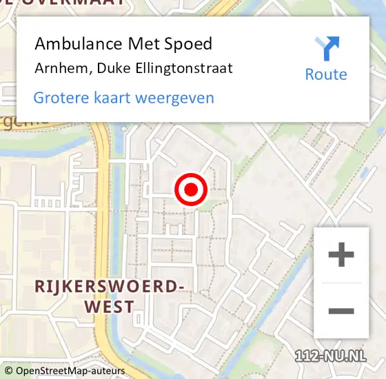 Locatie op kaart van de 112 melding: Ambulance Met Spoed Naar Arnhem, Duke Ellingtonstraat op 6 maart 2022 00:53