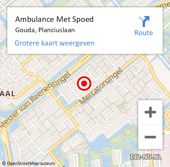 Locatie op kaart van de 112 melding: Ambulance Met Spoed Naar Gouda, Planciuslaan op 6 maart 2022 09:43