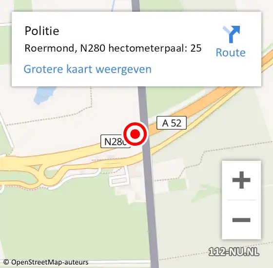 Locatie op kaart van de 112 melding: Politie Roermond, N280 hectometerpaal: 25 op 7 maart 2022 05:45