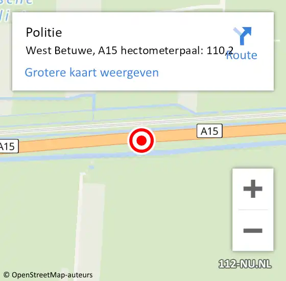 Locatie op kaart van de 112 melding: Politie West Betuwe, A15 hectometerpaal: 110,2 op 7 maart 2022 12:25