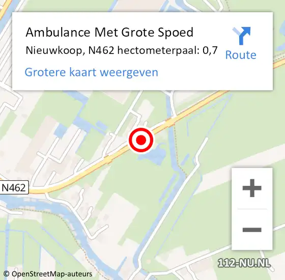 Locatie op kaart van de 112 melding: Ambulance Met Grote Spoed Naar Nieuwkoop, N462 hectometerpaal: 0,7 op 7 maart 2022 13:42