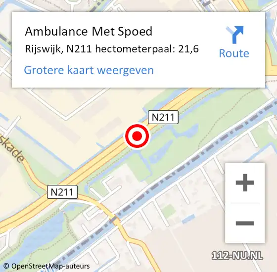 Locatie op kaart van de 112 melding: Ambulance Met Spoed Naar Rijswijk, N211 hectometerpaal: 21,6 op 8 maart 2022 16:28