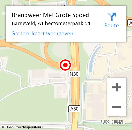 Locatie op kaart van de 112 melding: Brandweer Met Grote Spoed Naar Barneveld, A1 hectometerpaal: 54 op 8 maart 2022 17:39
