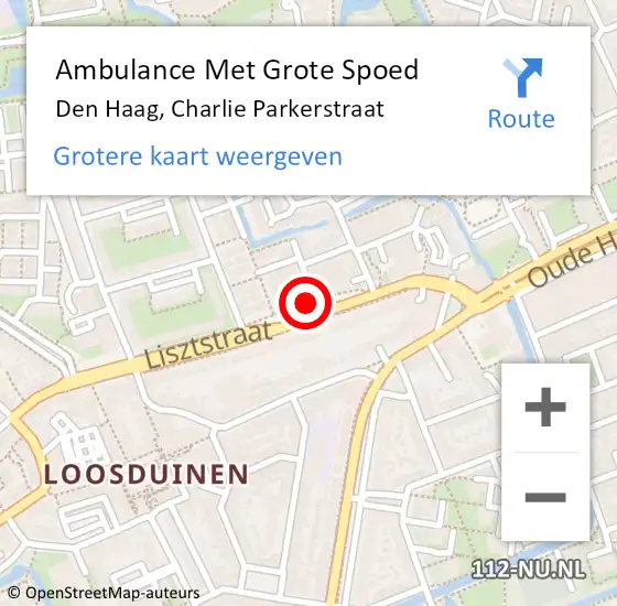 Locatie op kaart van de 112 melding: Ambulance Met Grote Spoed Naar Den Haag, Charlie Parkerstraat op 9 maart 2022 06:42