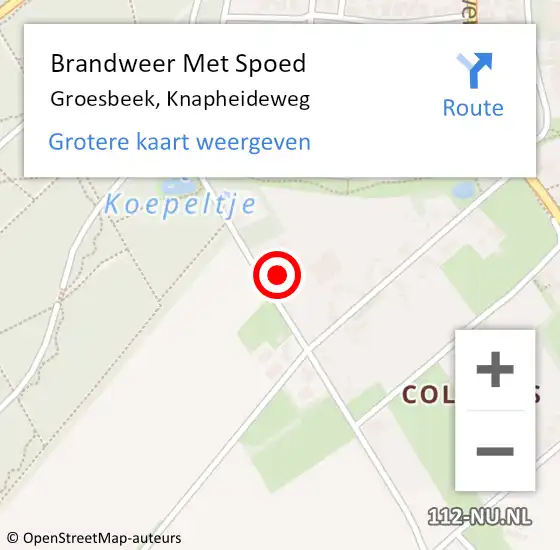 Locatie op kaart van de 112 melding: Brandweer Met Spoed Naar Groesbeek, Knapheideweg op 10 maart 2022 11:11