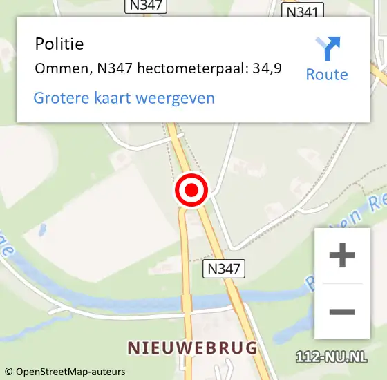 Locatie op kaart van de 112 melding: Politie Ommen, N347 hectometerpaal: 34,9 op 10 maart 2022 13:07