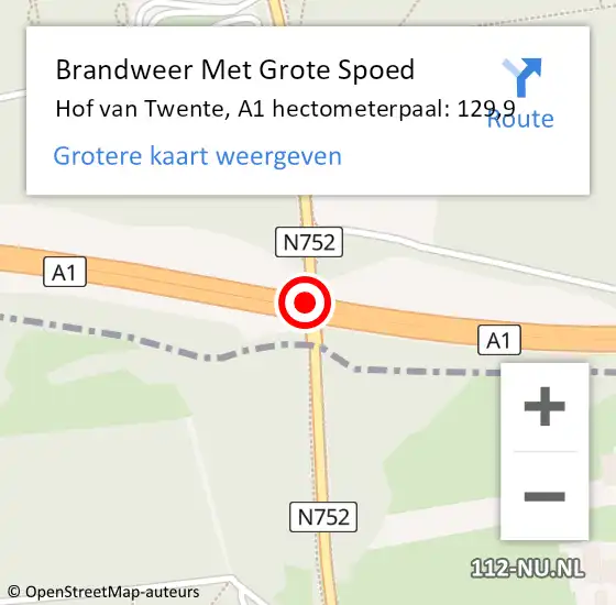 Locatie op kaart van de 112 melding: Brandweer Met Grote Spoed Naar Hof van Twente, A1 hectometerpaal: 129,9 op 11 maart 2022 16:46