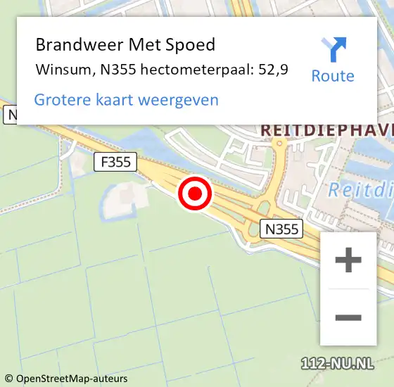 Locatie op kaart van de 112 melding: Brandweer Met Spoed Naar Winsum, N355 hectometerpaal: 52,9 op 11 maart 2022 21:32