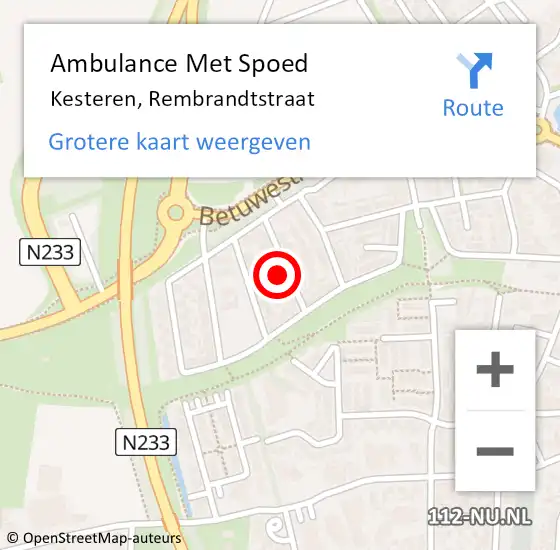 Locatie op kaart van de 112 melding: Ambulance Met Spoed Naar Kesteren, Rembrandtstraat op 12 maart 2022 11:47