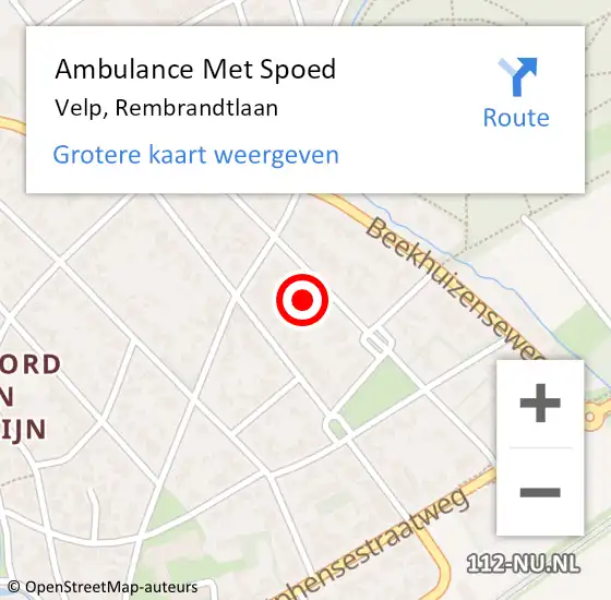 Locatie op kaart van de 112 melding: Ambulance Met Spoed Naar Velp, Rembrandtlaan op 12 maart 2022 22:11