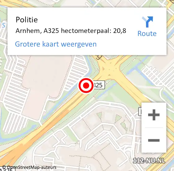 Locatie op kaart van de 112 melding: Politie Arnhem, A325 hectometerpaal: 20,8 op 13 maart 2022 01:10