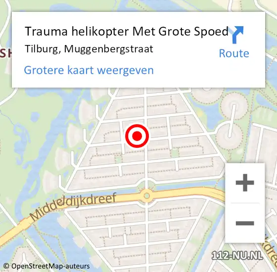Locatie op kaart van de 112 melding: Trauma helikopter Met Grote Spoed Naar Tilburg, Muggenbergstraat op 15 maart 2022 15:15