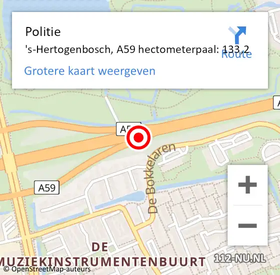 Locatie op kaart van de 112 melding: Politie 's-Hertogenbosch, A59 hectometerpaal: 133,2 op 15 maart 2022 16:37