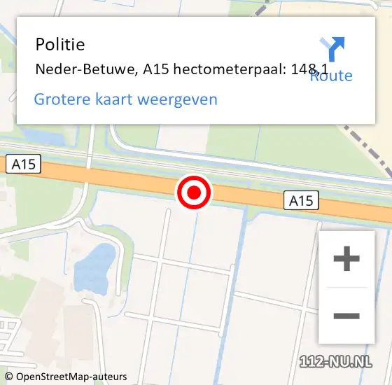 Locatie op kaart van de 112 melding: Politie Neder-Betuwe, A15 hectometerpaal: 148,1 op 16 maart 2022 11:59