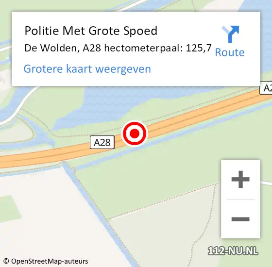 Locatie op kaart van de 112 melding: Politie Met Grote Spoed Naar De Wolden, A28 hectometerpaal: 125,7 op 16 maart 2022 13:46
