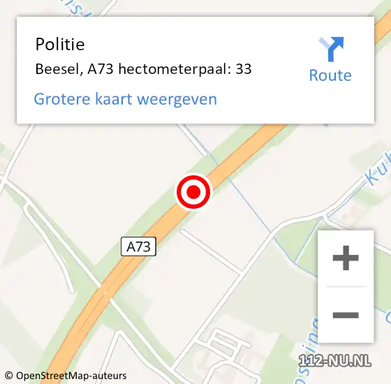 Locatie op kaart van de 112 melding: Politie Beesel, A73 hectometerpaal: 33 op 17 maart 2022 10:43