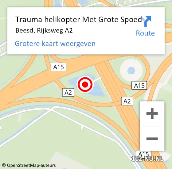Locatie op kaart van de 112 melding: Trauma helikopter Met Grote Spoed Naar Beesd, Rijksweg A2 op 17 maart 2022 11:10
