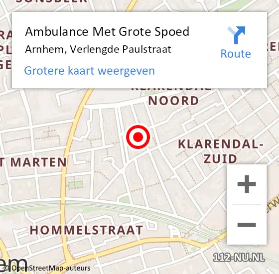 Locatie op kaart van de 112 melding: Ambulance Met Grote Spoed Naar Arnhem, Verlengde Paulstraat op 17 maart 2022 15:57