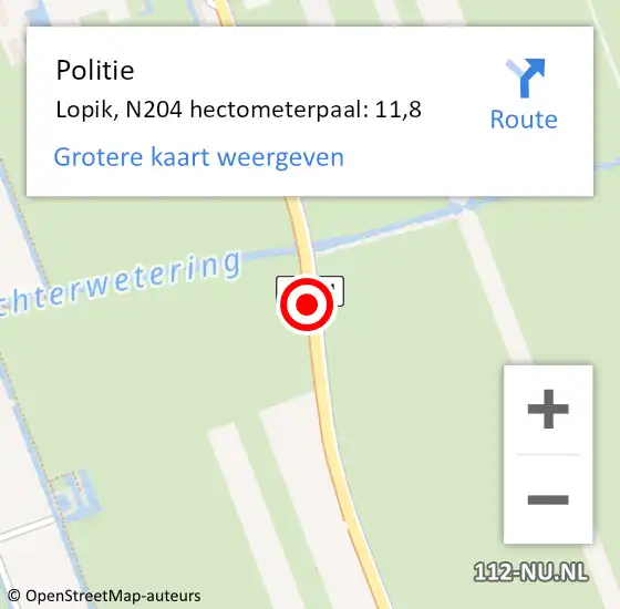 Locatie op kaart van de 112 melding: Politie Lopik, N204 hectometerpaal: 11,8 op 18 maart 2022 09:35