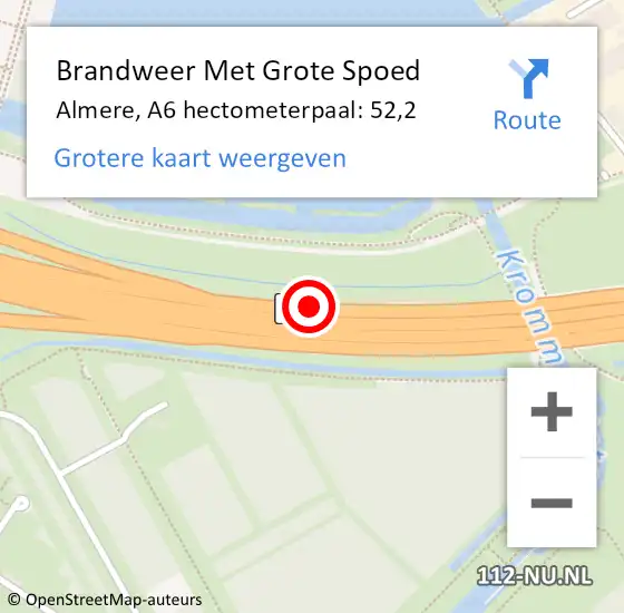 Locatie op kaart van de 112 melding: Brandweer Met Grote Spoed Naar Almere, A6 hectometerpaal: 52,2 op 18 maart 2022 15:02