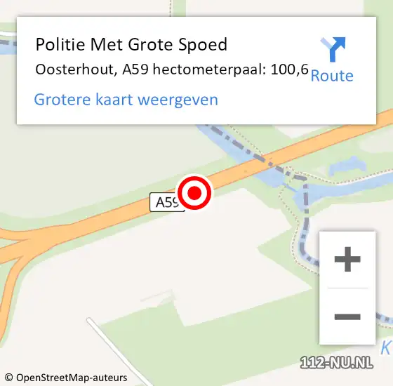 Locatie op kaart van de 112 melding: Politie Met Grote Spoed Naar Oosterhout, A59 hectometerpaal: 100,6 op 18 maart 2022 15:44