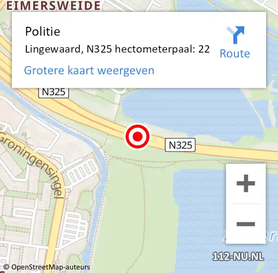 Locatie op kaart van de 112 melding: Politie Arnhem, N325 hectometerpaal: 22 op 18 maart 2022 17:59